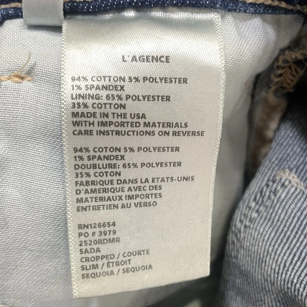 L'Agence Sada Jeans 27 Mid Rise Slim Fit Cropped Raw Hem Womens
